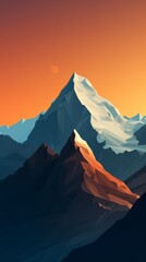 A peak mountain with snow and orange sky. Sunset over mountains landscape. Vertical orientation - obrazy, fototapety, plakaty