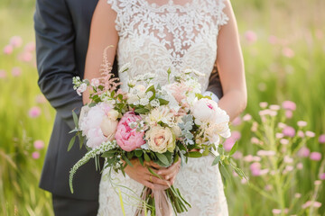 primer plano del cuerpo de una pareja de novios vestidos con trajes de boda y ramo de flores en tonos rosas, amarillos y blancos sobre fondo desenfocado de campo primaveral.