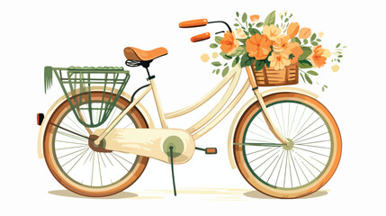 A vintage bicycle with a basket full of flowers flat vector