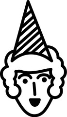 Woman face front view in cone cap placed on head, birthday party symbol. Outline of festive woman in cone cap for children entertainment center. Simple linear icon isolated on white background