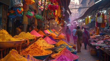 Colorful market stalls lined with an array of powdered dyes, sweets, and festive decorations, bustling with activity as people prepare for the Holi celebrations.