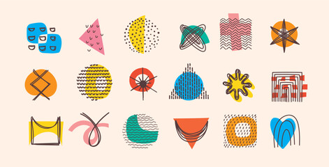 Abstract Graphic Elements in Minimal Trendy Style. Hand drawn doodle shapes, spots, drops, curves, lines for creating patterns, Invitations, posters, cards, social media posts