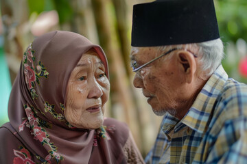 Fototapeta premium An elderly Malay couple looking at each other