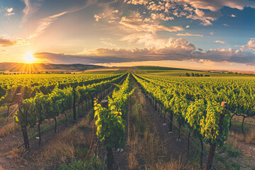 Extra wide panoramic shot of a summer vineyard shot at sunset. Top view.