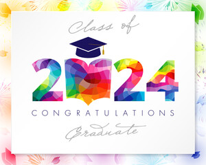 Cute greeting card for class of 2024 graduates. Congratulations graduate school banner. Creative coloured number 2024 with open book icon. Isolated elements. Holiday background. Colorful picture frame