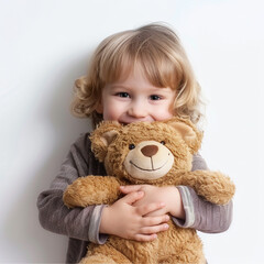 child with a soft toy in his hands on a white background