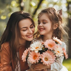 Fototapeta premium Portrait of happy mother and daughter holding flowers . Happy Mother's day Image. 