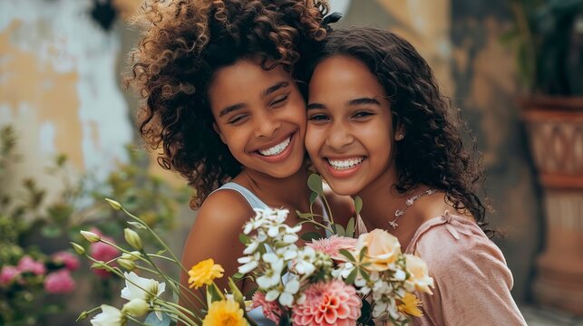 Portrait of happy mother and daughter holding flowers . Happy Mother's day Image.
