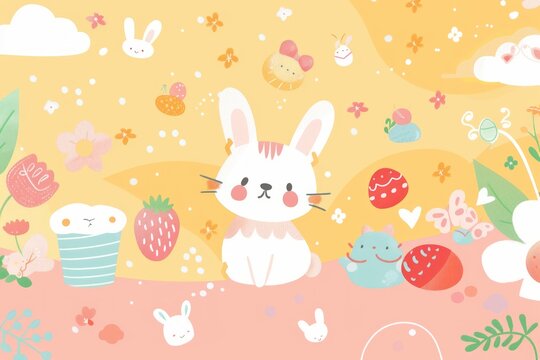 A cartoon rabbit is sitting on a pink background with a bunch of Easter eggs