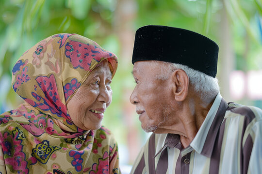 An elderly Malay couple looking at each other