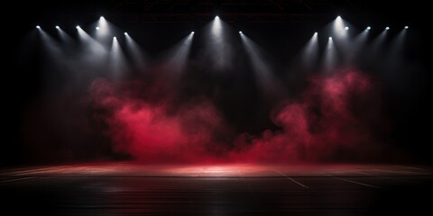 Maroon stage background, maroon spotlight light effects, dark atmosphere, smoke and mist, simple stage background, stage lighting, spotlights