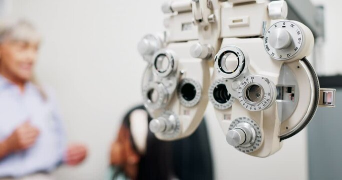 Eye care, test and clinic for vision, specialist and healthcare, phoropter or refractor for help. Prescription, technology and hospital for medical, exam and machine for check up and results