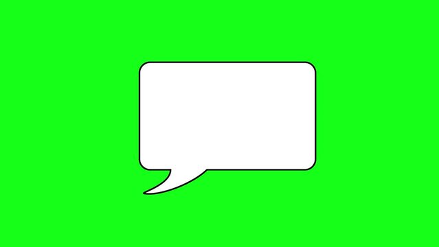 Animated white outlined speech bubble in the shape of a rectangle with rounded edges, chat balloon icon. Pictogram, web site, banner. Chroma key, green screen background.