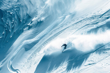 Snowboarder Drone Angle Powder Turns Fresh Untracked Mountain Powder Snow. - obrazy, fototapety, plakaty