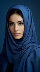 Naklejka premium Portrait of a veiled woman wearing burqa isolated on blue background
