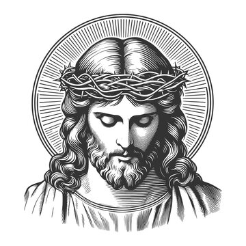 Jesus Christ bible religious christian character sketch engraving generative ai fictional character raster illustration. Scratch board imitation. Black and white image.