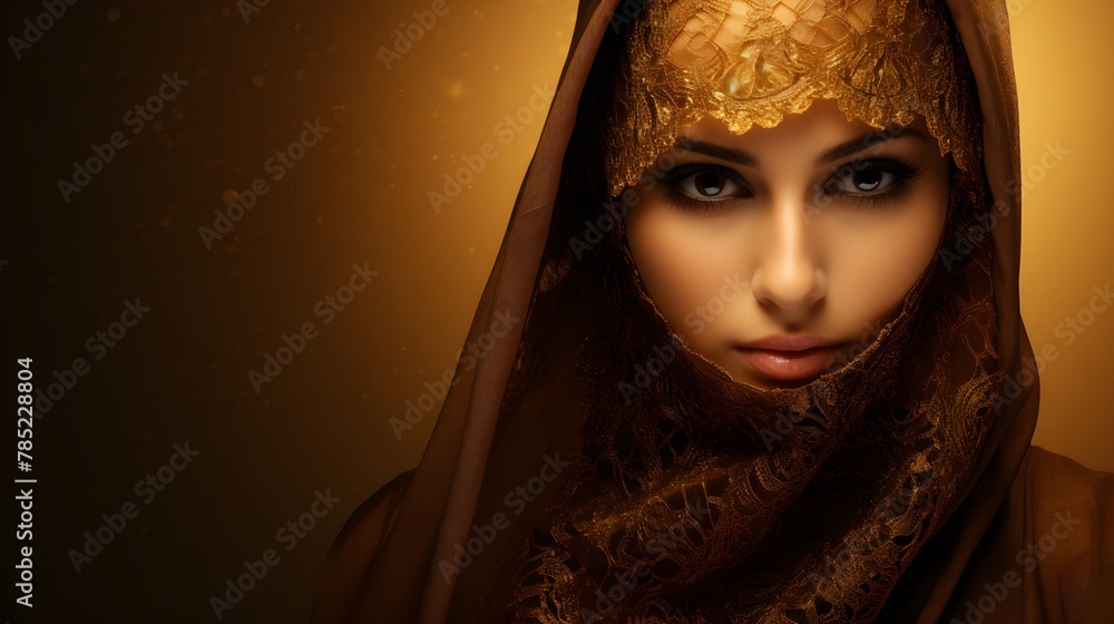 Wall mural Portrait of a veiled woman wearing burqa isolated on gold background