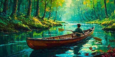 A boy is rowing a boat in a river through the forest, painted with digital art style.