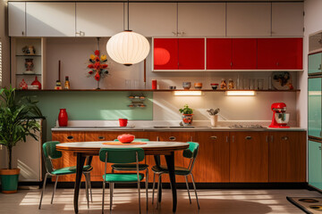 Kitchen interior design with table chairs and refrigerator in green orange red colors. Retro style home decoration