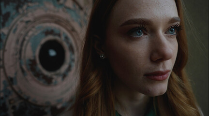 Portrait of a girl with red hair and blue eyes looking seriously into the distance, portrait with dark shades, no light. Photo in cold tones