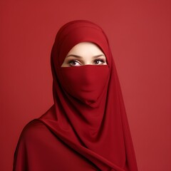 Naklejka premium Portrait of a veiled woman wearing burqa isolated on red background