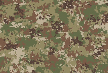 Military multi-terrain 'splotchy' camouflage. Seamless pattern has brown, black, khaki, olive green and light green.