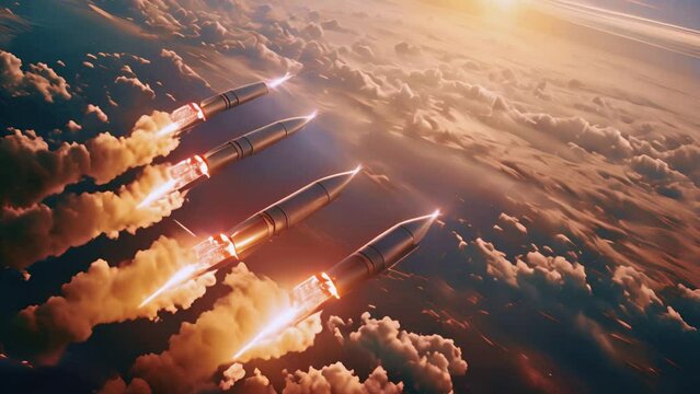 Nuclear war bomb flying in the sky. Launched Cruise Missile flying in the clouds. War attack explosion. Falling bomb dropping. Weapon 4k video
