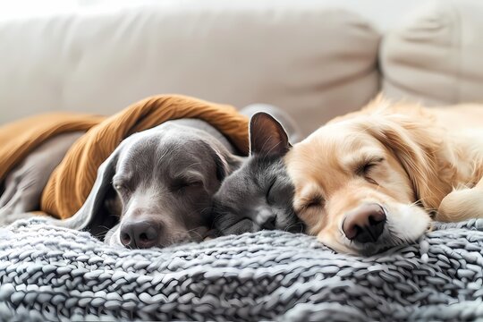 Two dogs and one cat sleeping together on the sofa, wrapped in blankets. The dog is an old grey weimaraner with gray fur. Ai generated
