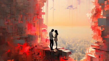 a romantic encounter in a vibrant urban setting using digital glitch art