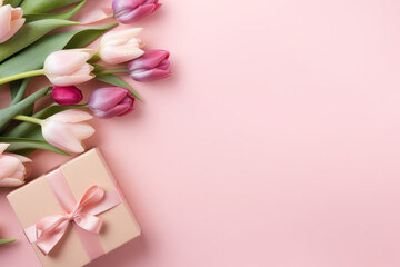 Spring greeting card with gift boxes and tulips on pink background for Mother's Day. 