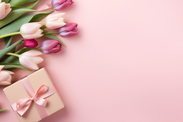 Fototapeta premium Spring greeting card with gift boxes and tulips on pink background for Mother's Day. 