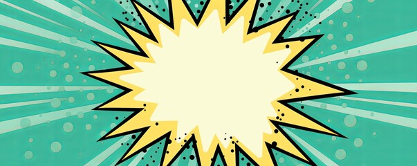 Mint Green background with a white blank space in the middle depicting a cartoon explosion with yellow rays and stars