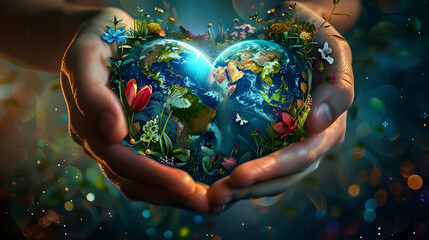 Close up of hands holding planet earth with flowers and butterflies. 