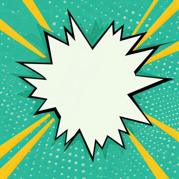Mint Green background with a white blank space in the middle depicting a cartoon explosion with yellow rays and stars