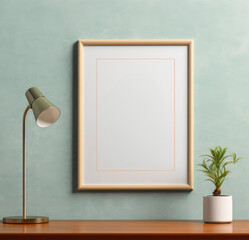 Modern Interior With Empty Picture Frame Mockup, Lamp, Potted Plant on Wooden Table. Minimalist Workspace Setup. Generative AI