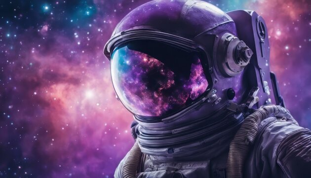 Astronaut in space with stars, a galaxy, a purple and blue nebula, and galaxies reflected in his helmet