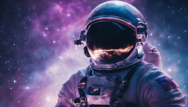 Astronaut in space with stars, a galaxy, a purple and blue nebula, and galaxies reflected in his helmet