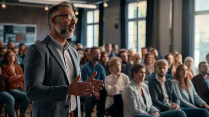 CEO announcing company-wide changes to employees in a town hall meeting, with CEO's confident expression and the engaged audience, representing clear communication and leadership visibility - obrazy, fototapety, plakaty