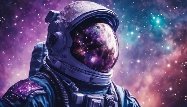 Astronaut in space with stars, a galaxy, a purple and blue nebula, and galaxies reflected in his helmet