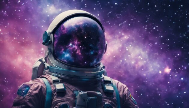 Astronaut in space with stars, a galaxy, a purple and blue nebula, and galaxies reflected in his helmet