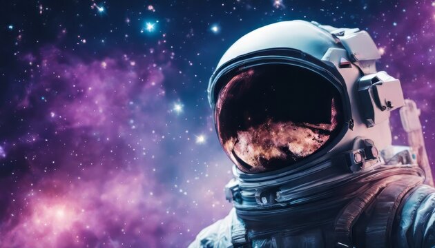 Astronaut in space with stars, a galaxy, a purple and blue nebula, and galaxies reflected in his helmet