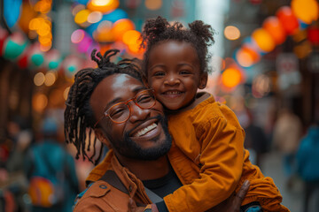 Happy African American single father holding cute little daugher in hands, lifting her into the air, against the backdrop of a bustling city street - Powered by Adobe