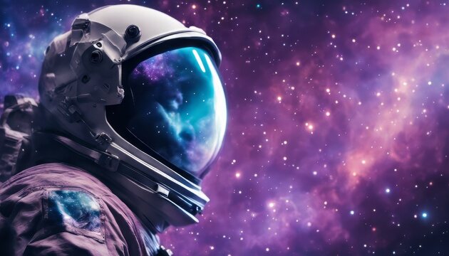 Astronaut in space with stars, a galaxy, a purple and blue nebula, and galaxies reflected in his helmet