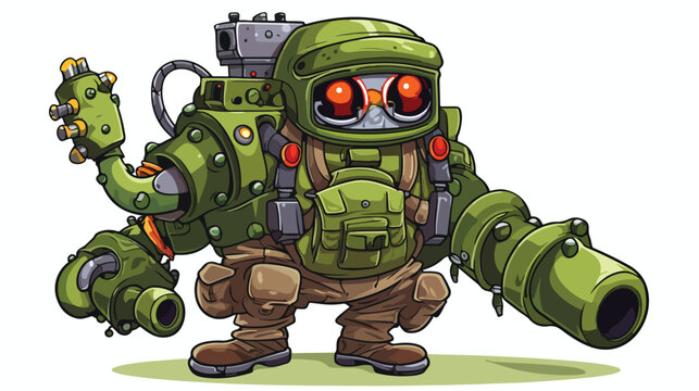 A mascot of hiking backpack Scroll Army with machine