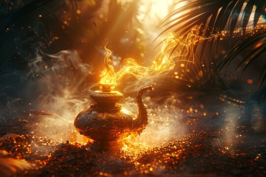 A mystical magic vintage lamp surrounded by swirling wisps of smoke and shimmering golden light filtering through palm leaves. Oriental fairy tale concept