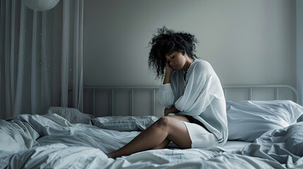 woman waking up under stress, unhappy, problem sleeping - obrazy, fototapety, plakaty