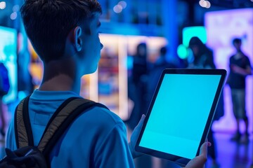 Showcase screen next to the shoulder of a teen boy holding a tablet with a fully blue screen