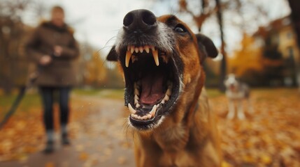 An aggressive dog is barking at people in the park, with an angry face showing sharp teeth and a long tongue, with a blurred background of an autumnal city street - obrazy, fototapety, plakaty