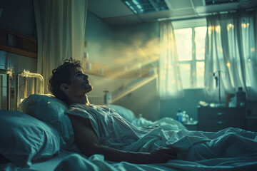 Lonely seriously ill man lies in a hospital ward waiting for a complicated operation, sunlight penetrates into a dimly lit room - obrazy, fototapety, plakaty