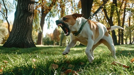Dog on a leash barking and growling in the park, an angry, aggressive animal appearing to attack a human in an outdoor scenery in a park